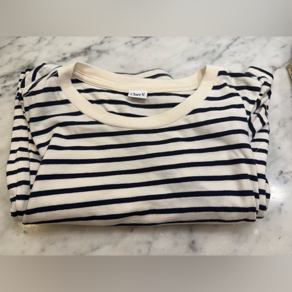 Clare V Striped Navy and White puff sleeve T-Shirt Dress - Picture 1 of 10